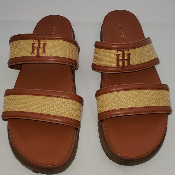 Tommy Hilfiger Rafaella Double Strap Slide Sandals Tan Raffia Leather | 10 - Picture 1 of 5
